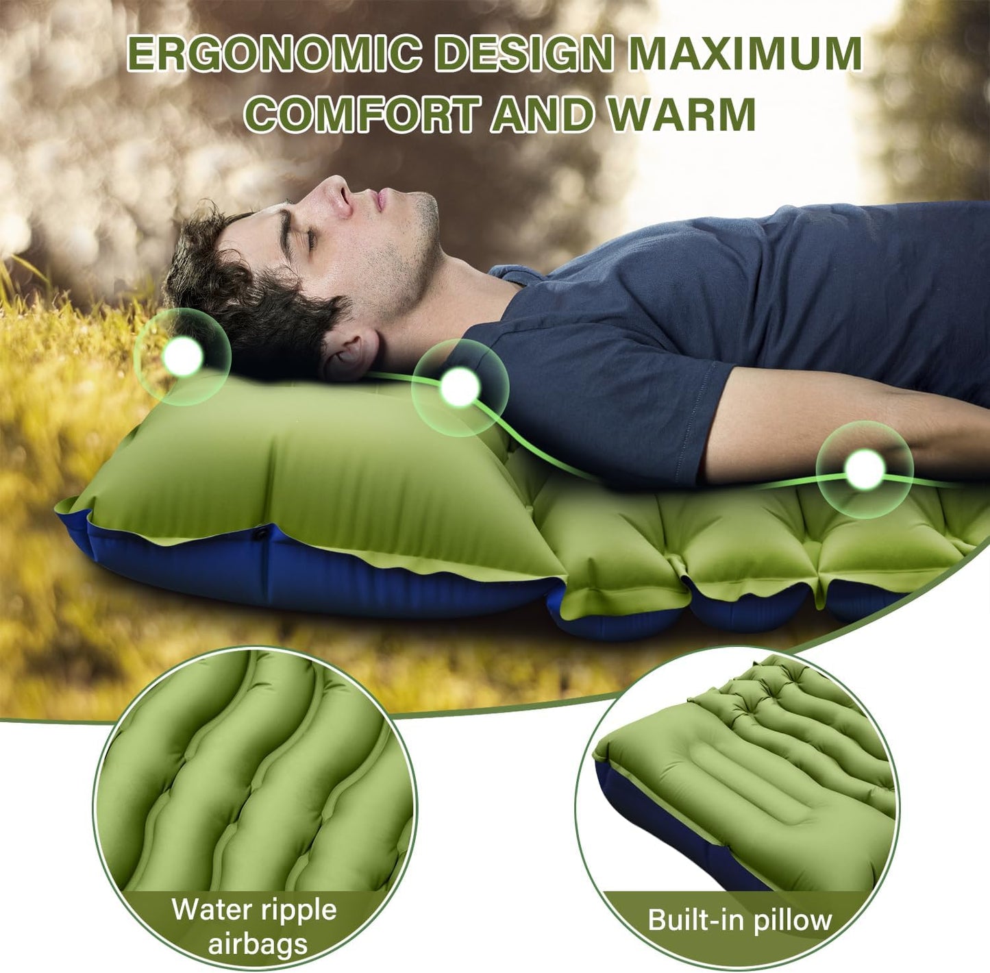 Ultralight Camping Sleeping Pad with Pillow, Built-in Foot Pump to Inflate, Green