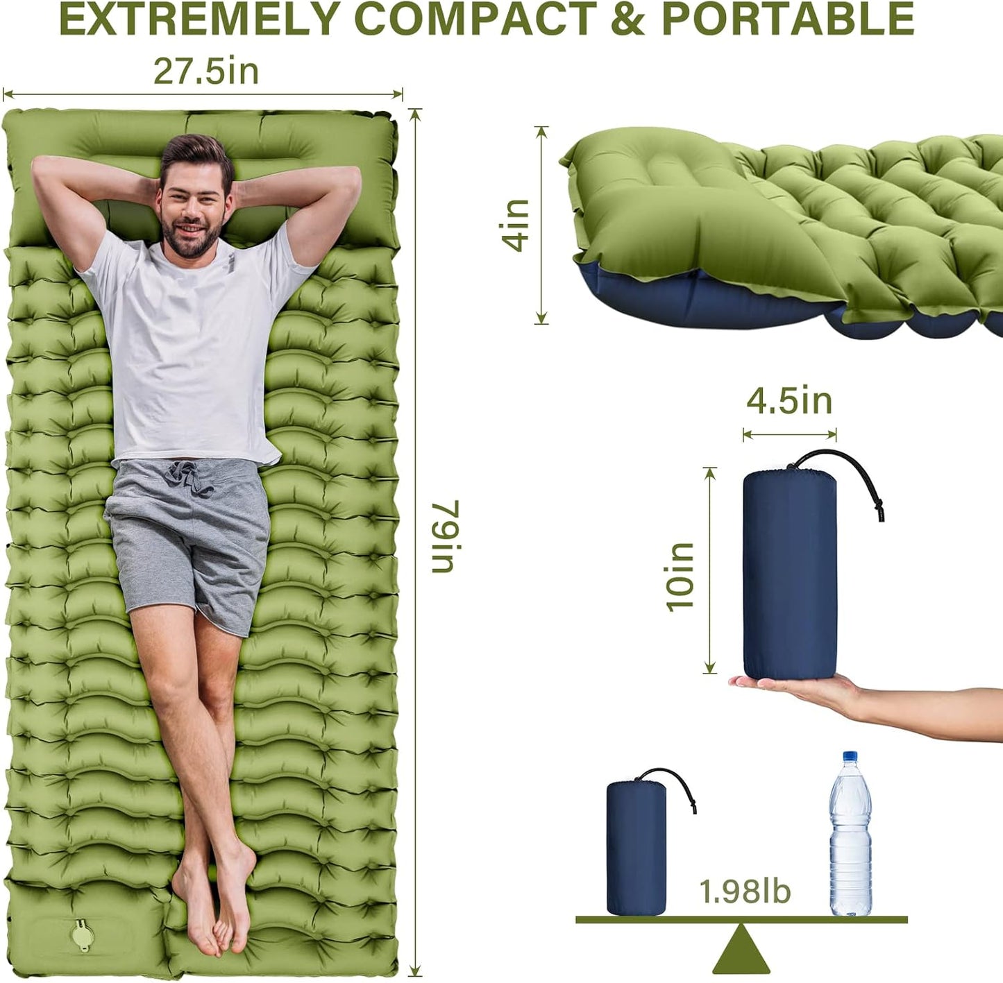 Ultralight Camping Sleeping Pad with Pillow, Built-in Foot Pump to Inflate, Green