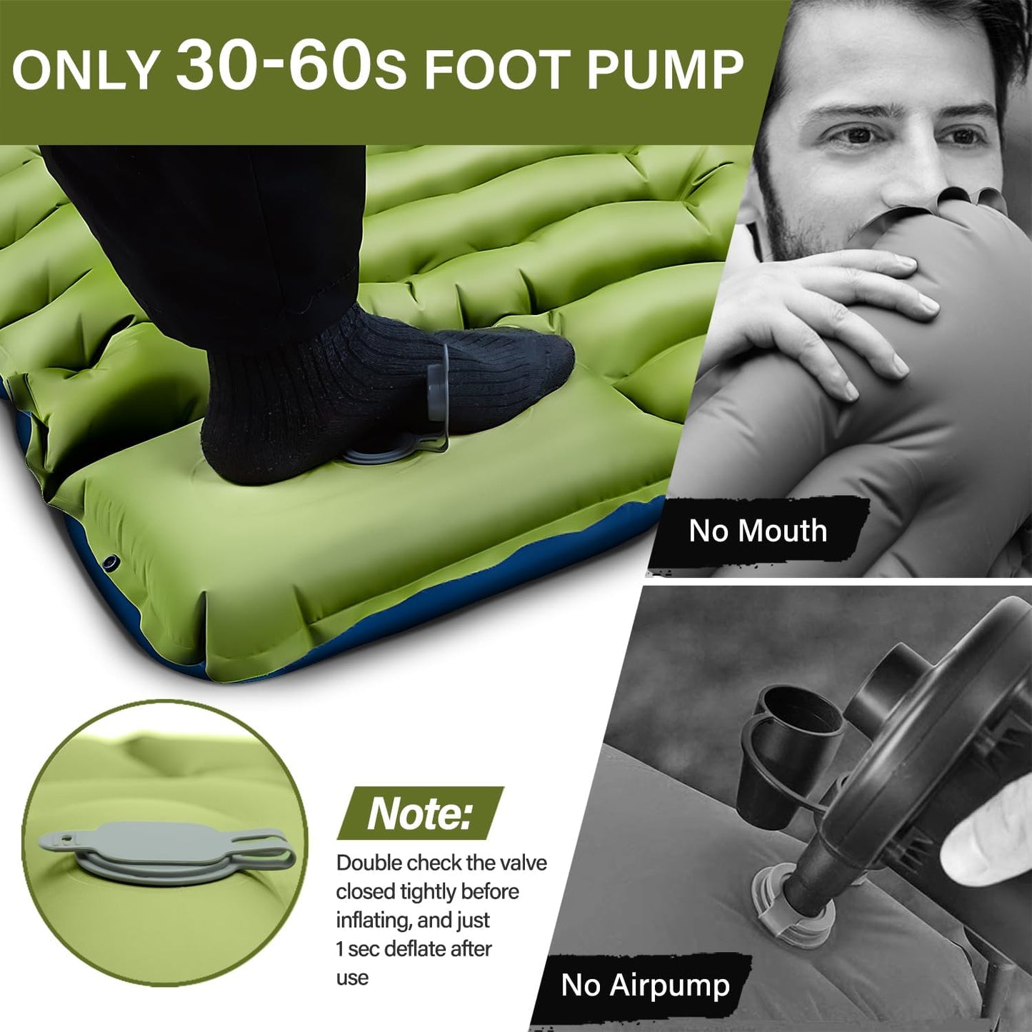 Ultralight Camping Sleeping Pad with Pillow, Built-in Foot Pump to Inflate, Green
