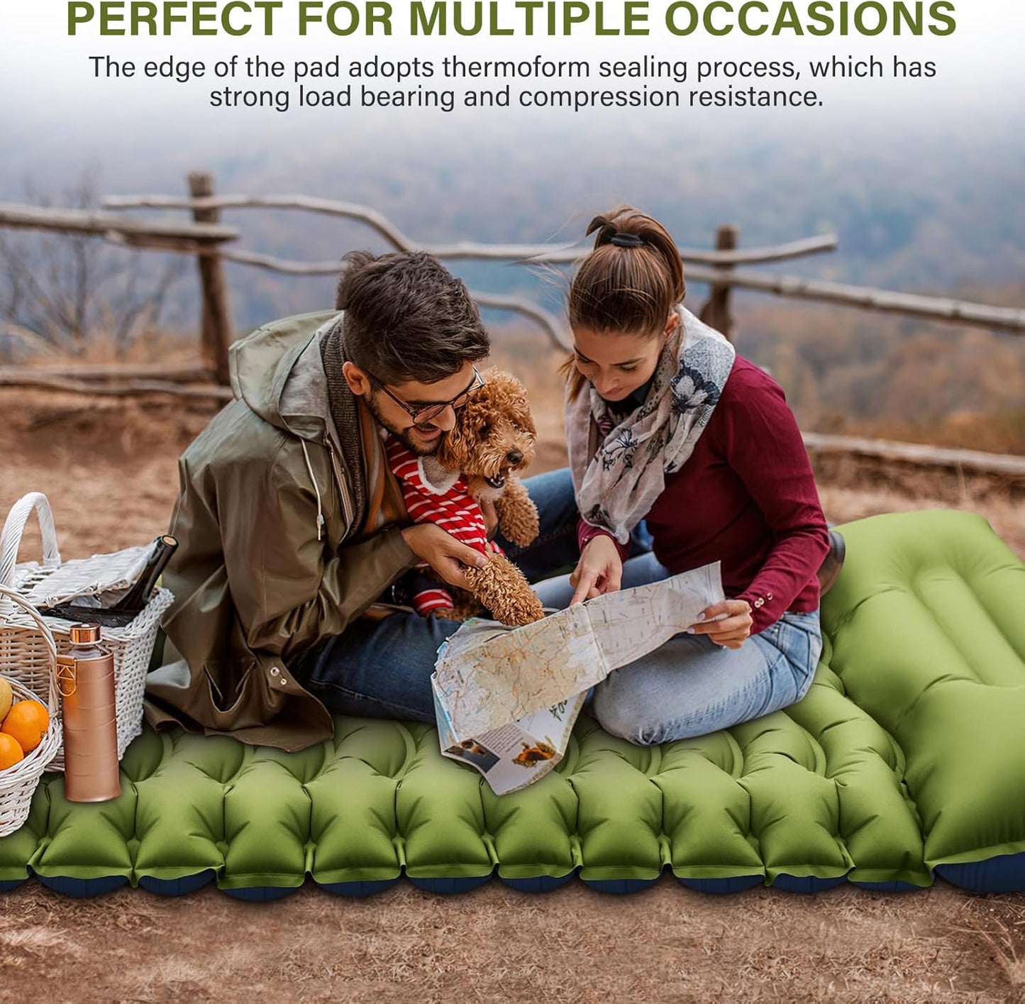 Ultralight Camping Sleeping Pad with Pillow, Built-in Foot Pump to Inflate, Green