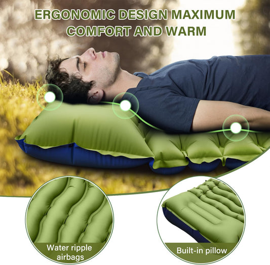 Ultralight Camping Sleeping Pad with Pillow, Built-in Foot Pump to Inflate, Green