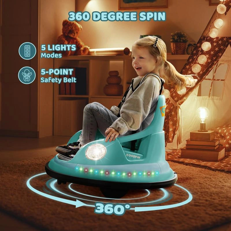 12V Kids Ride-On Bumper Car – 360° Spin, Remote Control & LED Lights