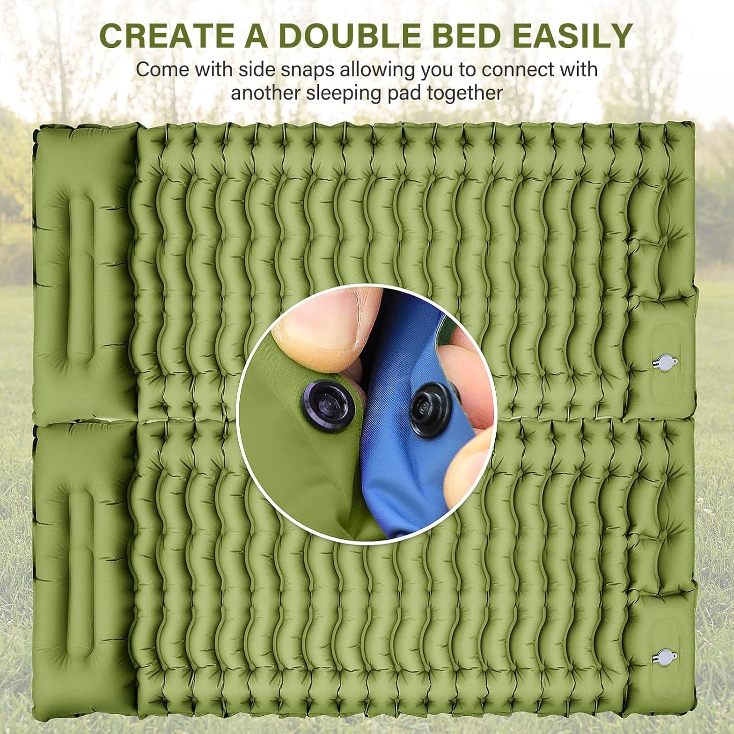Ultralight Camping Sleeping Pad with Pillow, Built-in Foot Pump to Inflate, Green