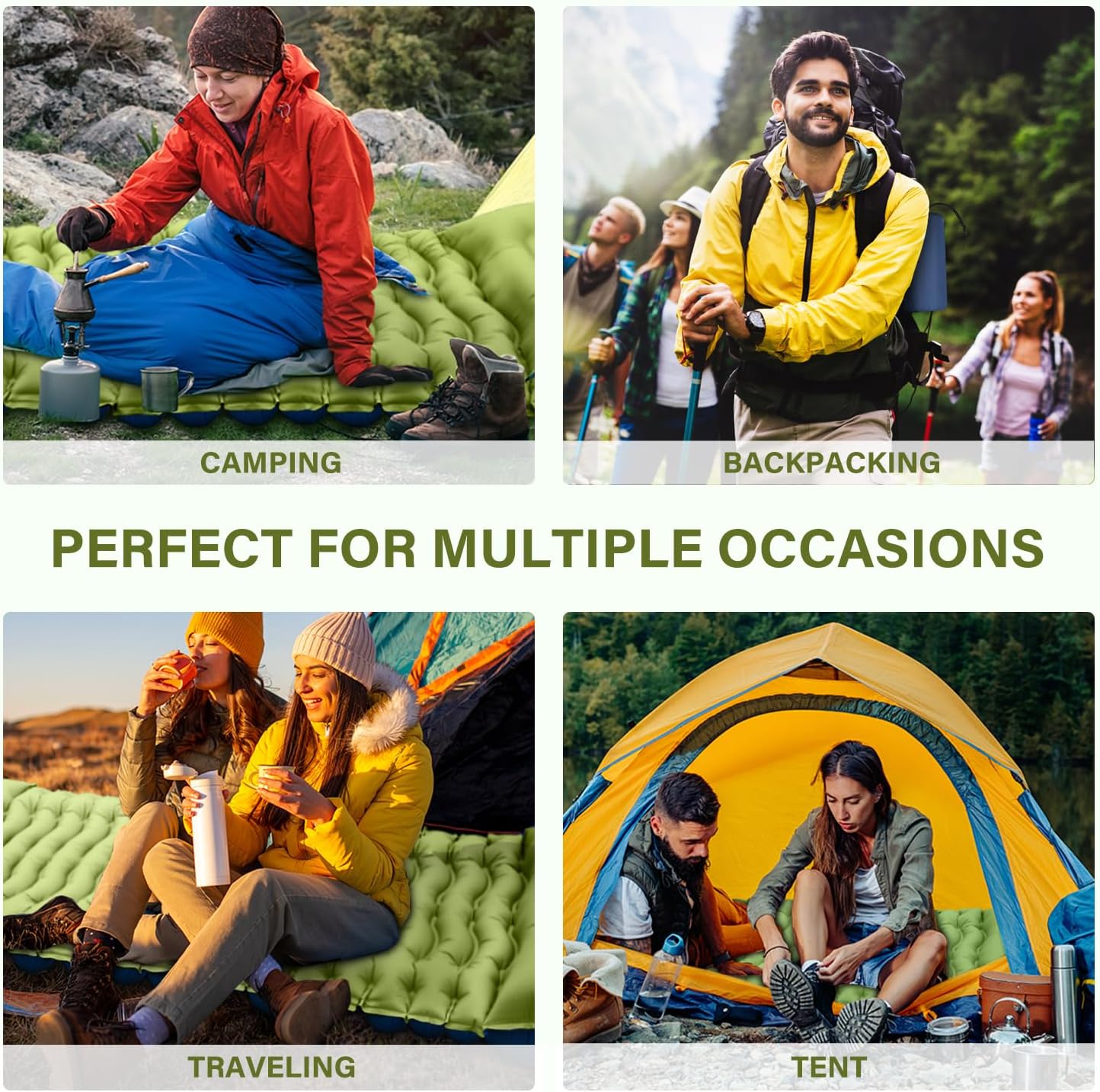 Ultralight Camping Sleeping Pad with Pillow, Built-in Foot Pump to Inflate, Green