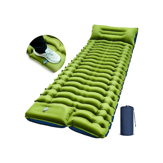 Ultralight Camping Sleeping Pad with Pillow, Built-in Foot Pump to Inflate, Green